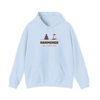 Light blue pullover hoodie with front pocket, drawstring hood, and HAMMERED logo print