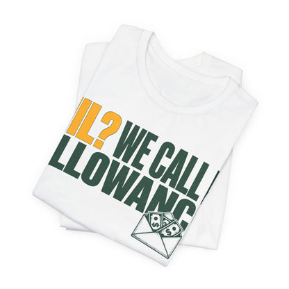 White crewneck tee folded view with “NI? WE CALL IT ALLOWANCE” text and money icon