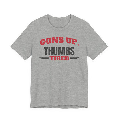 Athletic heather crewneck T-shirt with red and black Guns Up Thumbs Tired print
