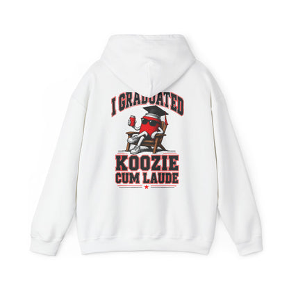 White pullover hoodie with hood and bold centered back print graduation graphic
