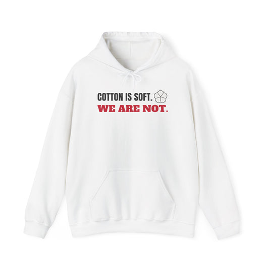 White cotton hoodie with front pocket, drawstring hood, and 'WE ARE NOT.' text graphic