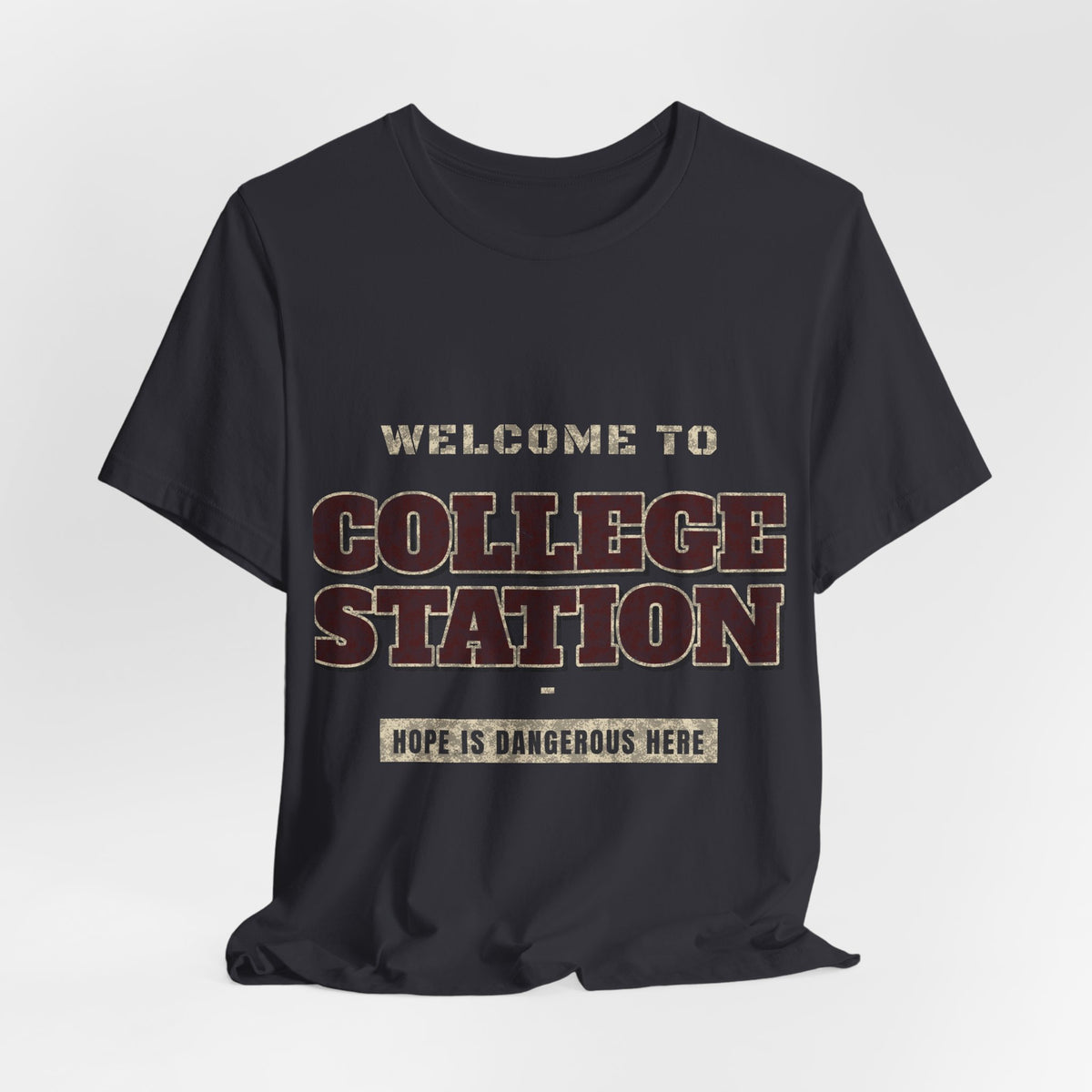Dark grey crewneck T-shirt with large front “College Station” text and banner