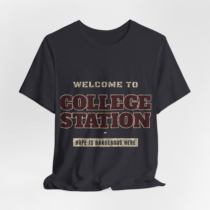 Dark grey crewneck T-shirt with large front “College Station” text and banner