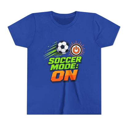 Royal blue kids T-shirt with colorful "Soccer Mode: On" soccer graphic in center