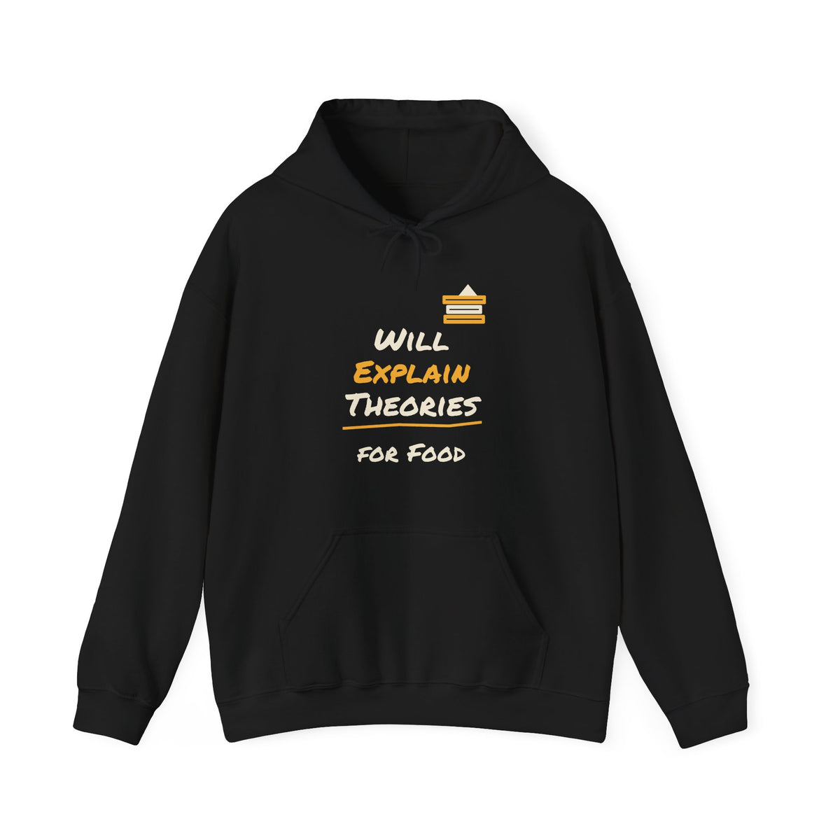 Black pullover hoodie with front pocket, drawstring hood, and colorful “Will Explain Theories” graphic