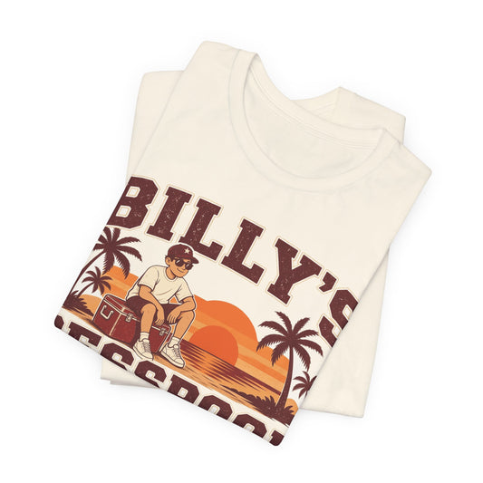 Natural crewneck T-shirt folded, showing large maroon 'BILLY'S' graphic and orange scene.