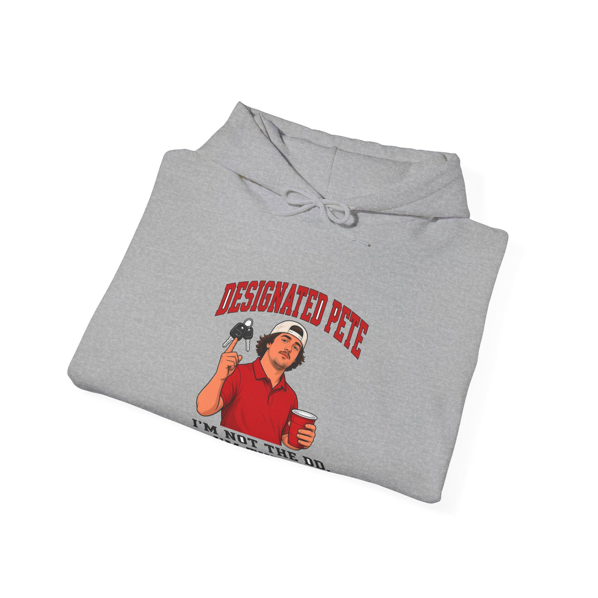 Sport grey Designated Pete hoodie folded with front graphic and kangaroo pocket