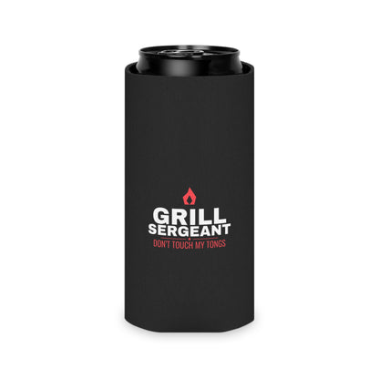 Black koozie on a dark can with centered 'GRILL SERGEANT' and red flame graphic