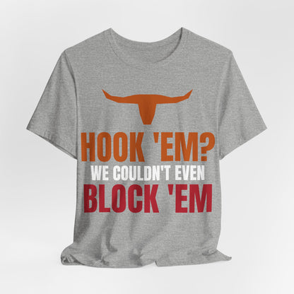 Athletic heather crew neck tee with orange longhorn and 'WE COULDN'T BLOCK 'EM'