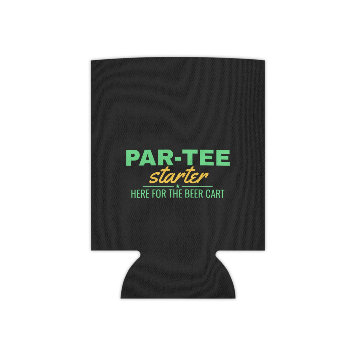 Black can cooler koozie with PAR-TEE Starter logo and beer cart text