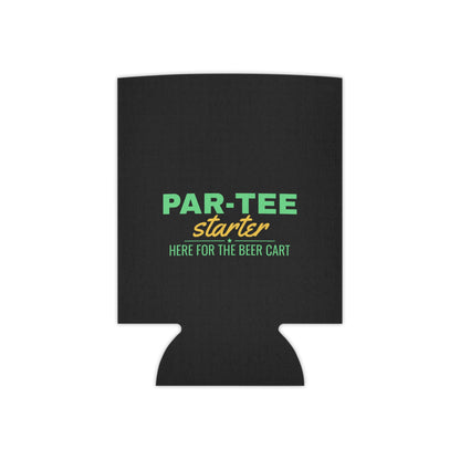 Black can cooler koozie with PAR-TEE Starter logo and beer cart text