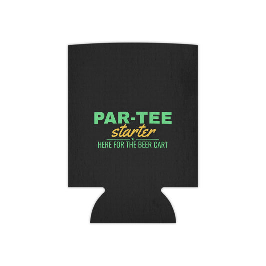 Black can cooler koozie with PAR-TEE Starter logo and beer cart text