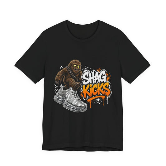 Black graphic T-shirt with cartoon creature, silver wave, and orange/white lettering