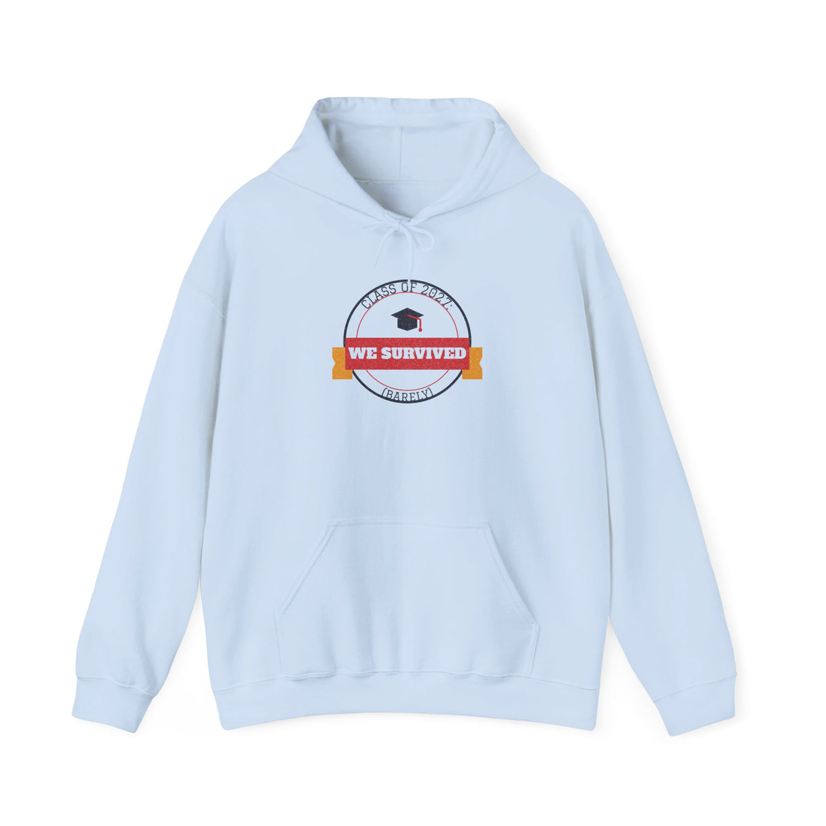 Light blue pullover hoodie with front hood and “We Survived” graduation badge graphic