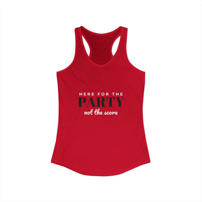 Red racerback tank with scoop neckline and front graphic text