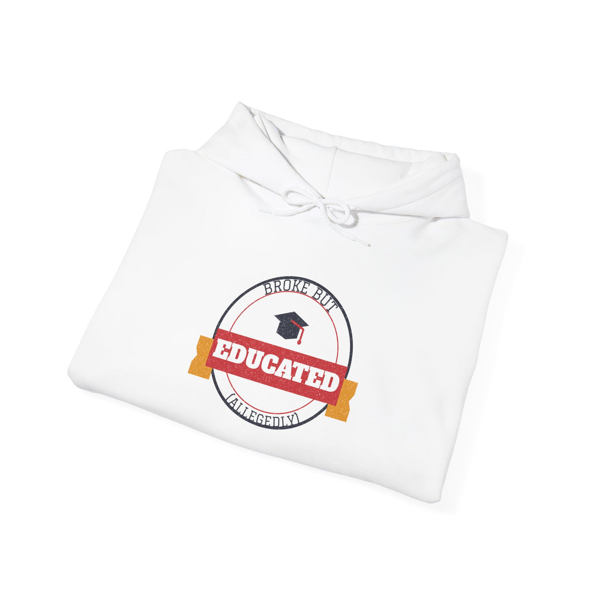 White hoodie with front educational crest graphic and drawstring hood
