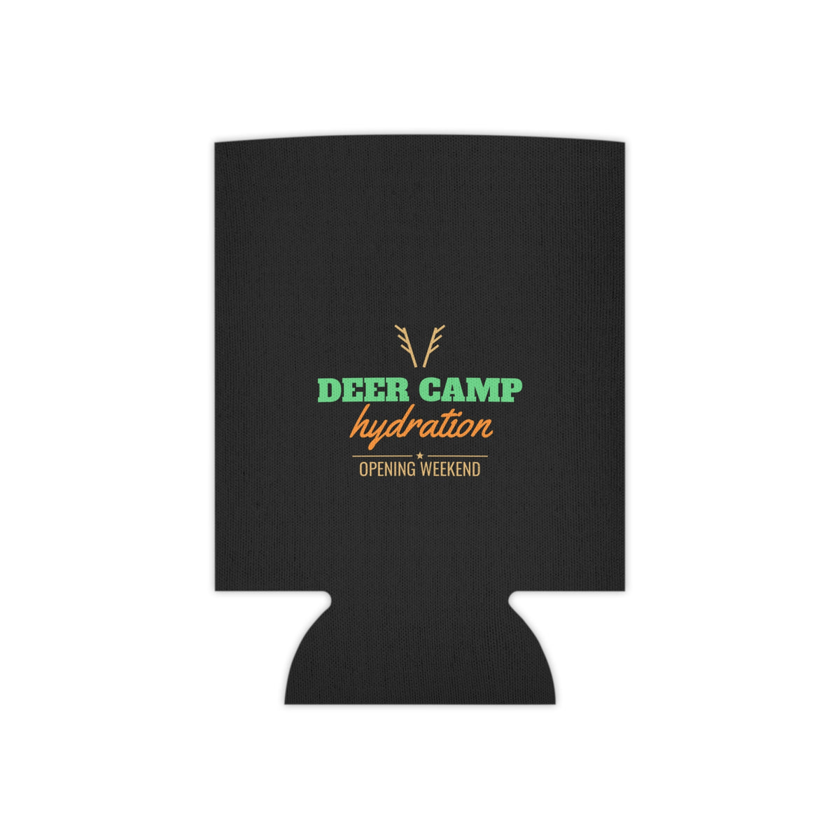 Black can koozie with deer-antler emblem and orange/green hydration lettering