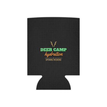 Black can koozie with deer-antler emblem and orange/green hydration lettering