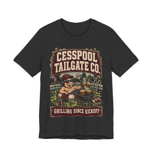 Dark charcoal graphic T-shirt with Cesspool Tailgate Co. front grill illustration