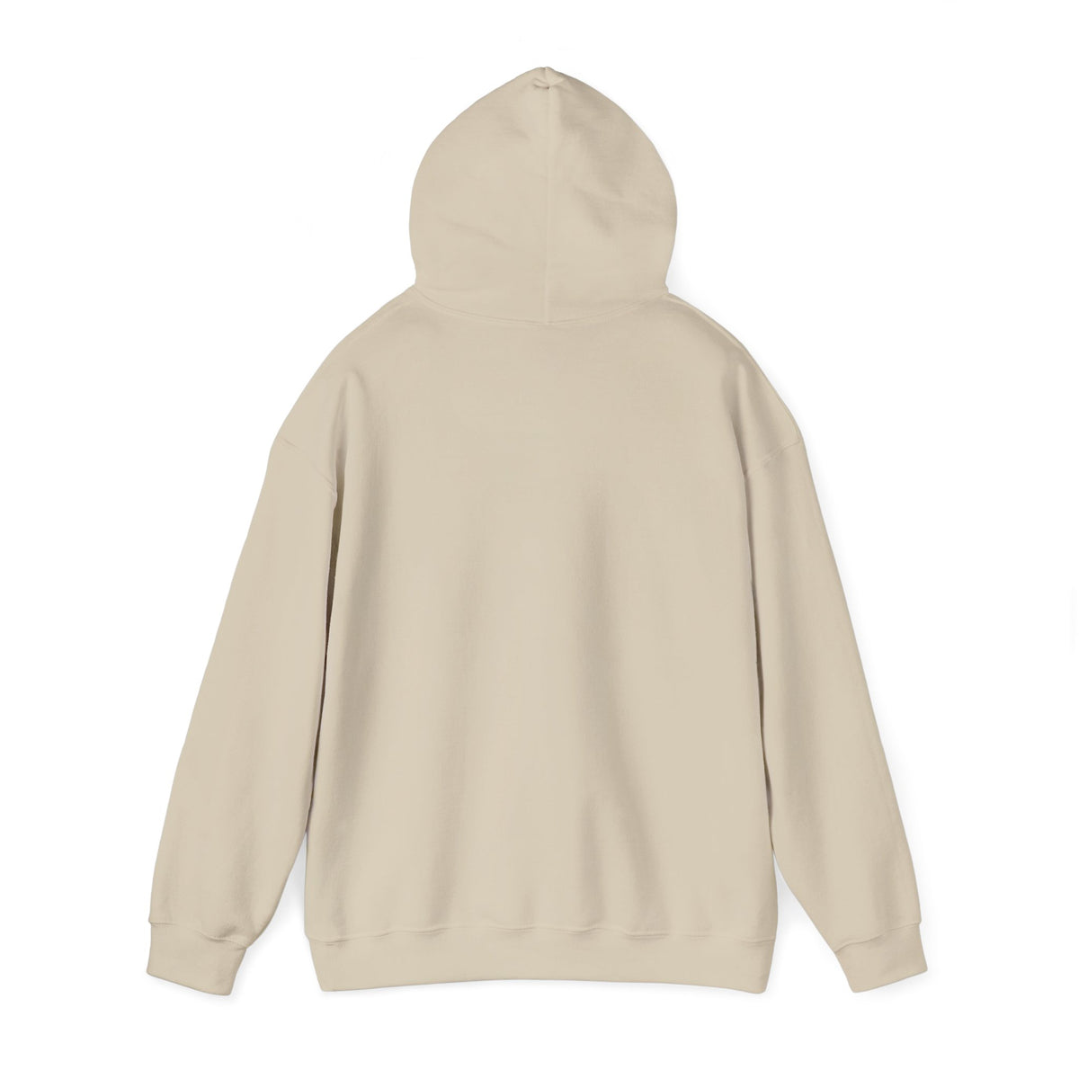 Beige hoodie, back view with hood and ribbed cuffs