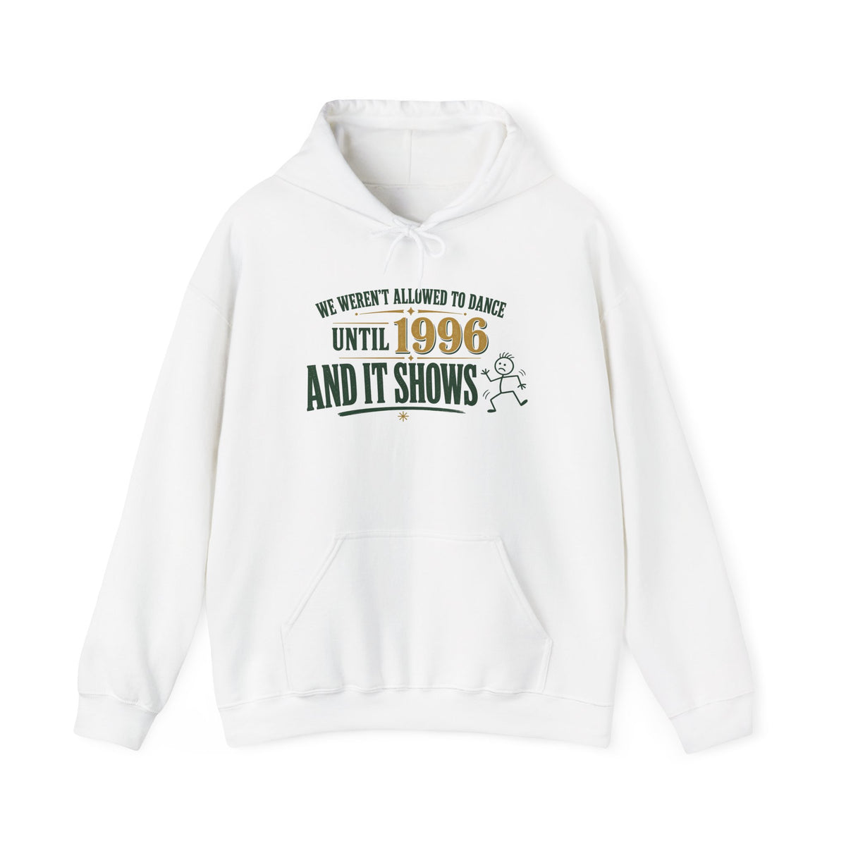 White pullover hoodie with front pouch pocket and 'Until 1996' dance graphic