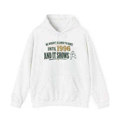 White pullover hoodie with front pouch pocket and 'Until 1996' dance graphic
