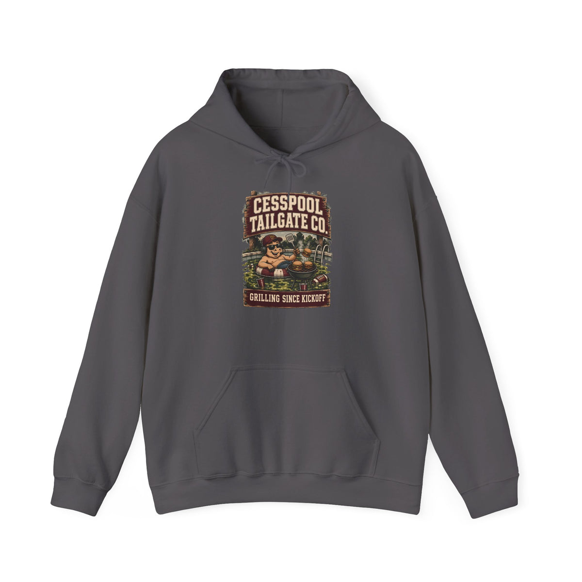 Dark gray pullover hoodie with front graphic logo, kangaroo pocket, drawstring hood