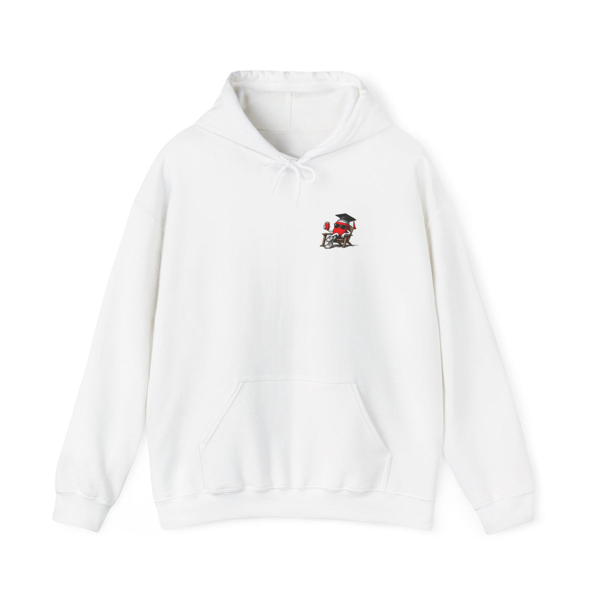 White pullover hoodie with front pouch pocket and small chest graduation graphic