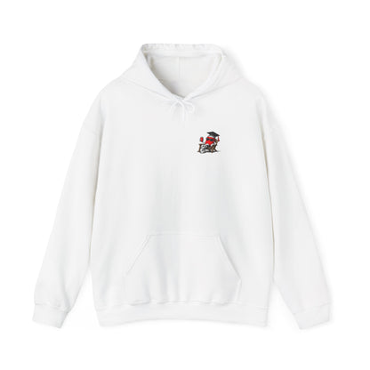 White pullover hoodie with front pouch pocket and small chest graduation graphic