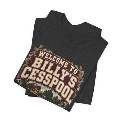 Dark gray folded T-shirt showing Welcome to Billy's Cesspool graphic front