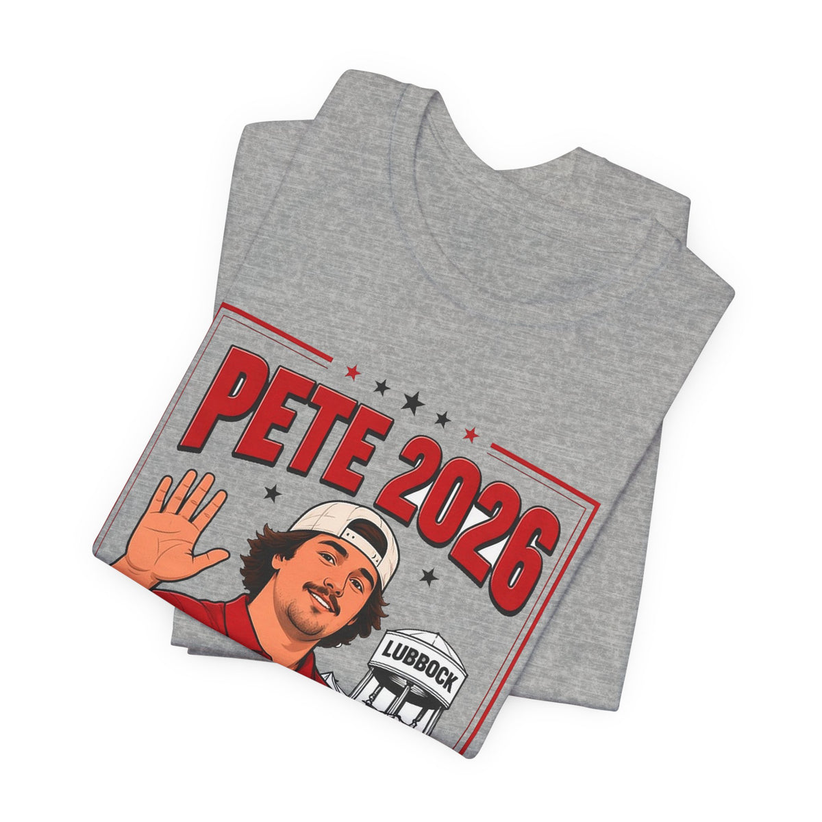 Athletic heather gray folded crewneck tee with large “Pete 2026” front graphic.
