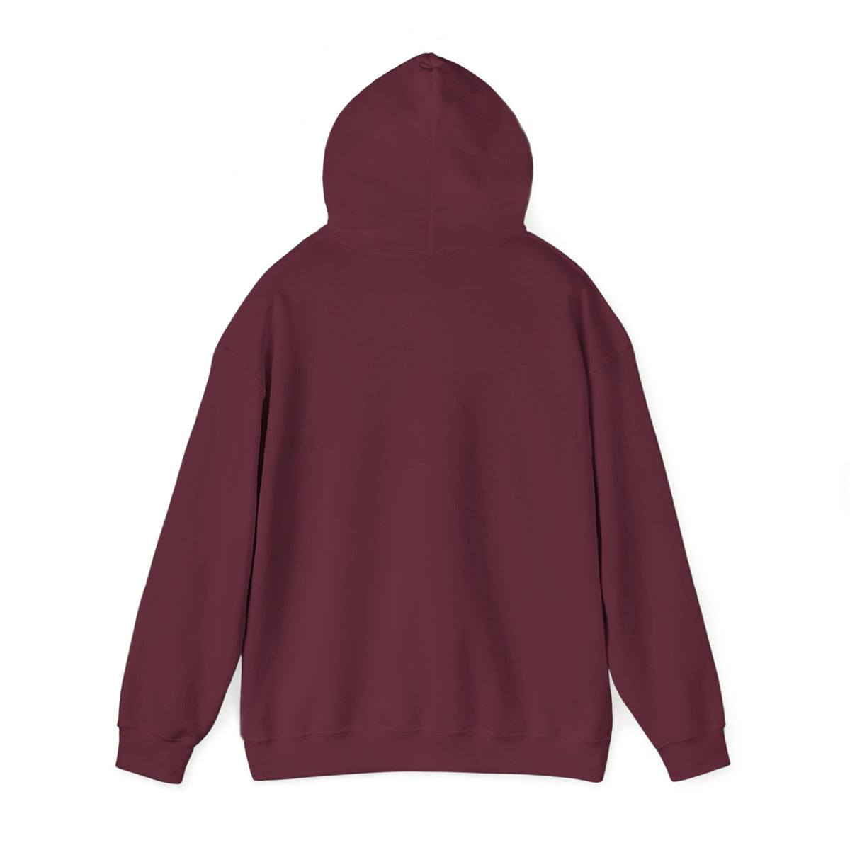 Maroon pullover hoodie, back view with full hood.