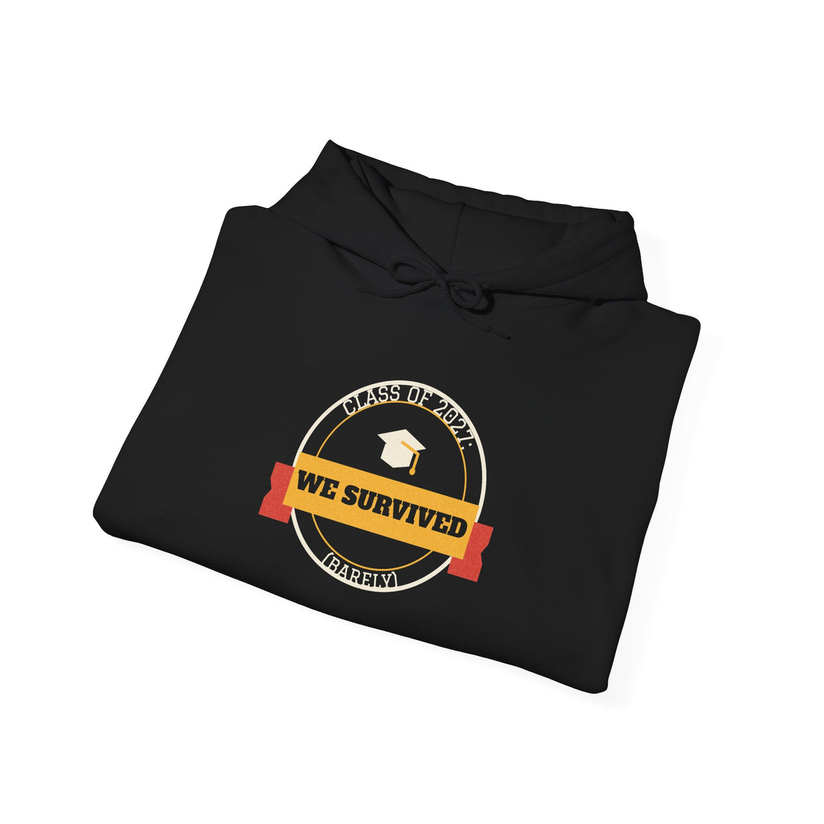 Black pullover hoodie with front graphic and drawstring hood