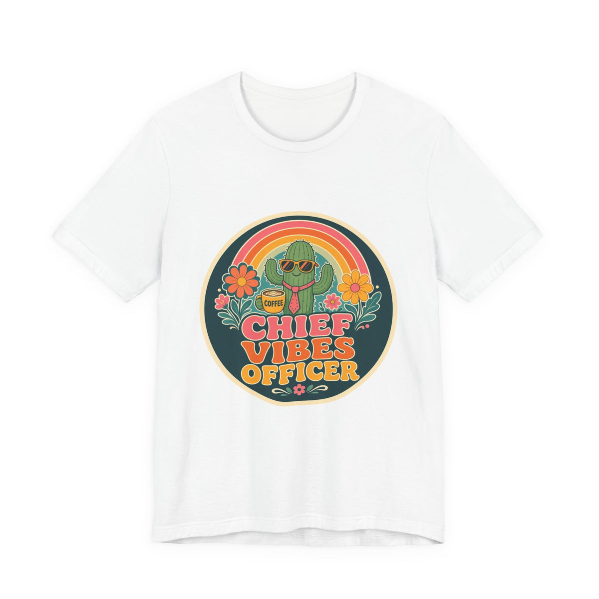 White crew-neck T-shirt with round “Chief Vibes Officer” coffee cactus graphic