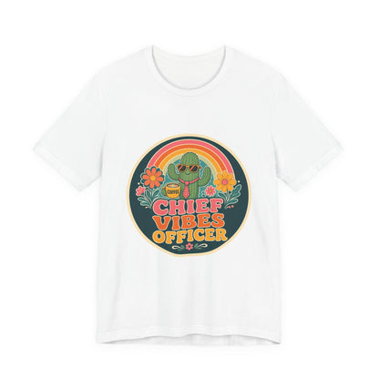 White crew-neck T-shirt with round “Chief Vibes Officer” coffee cactus graphic