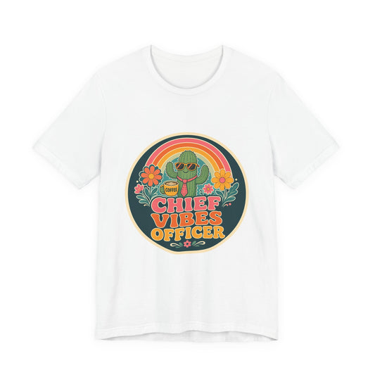 White crew-neck T-shirt with round “Chief Vibes Officer” coffee cactus graphic