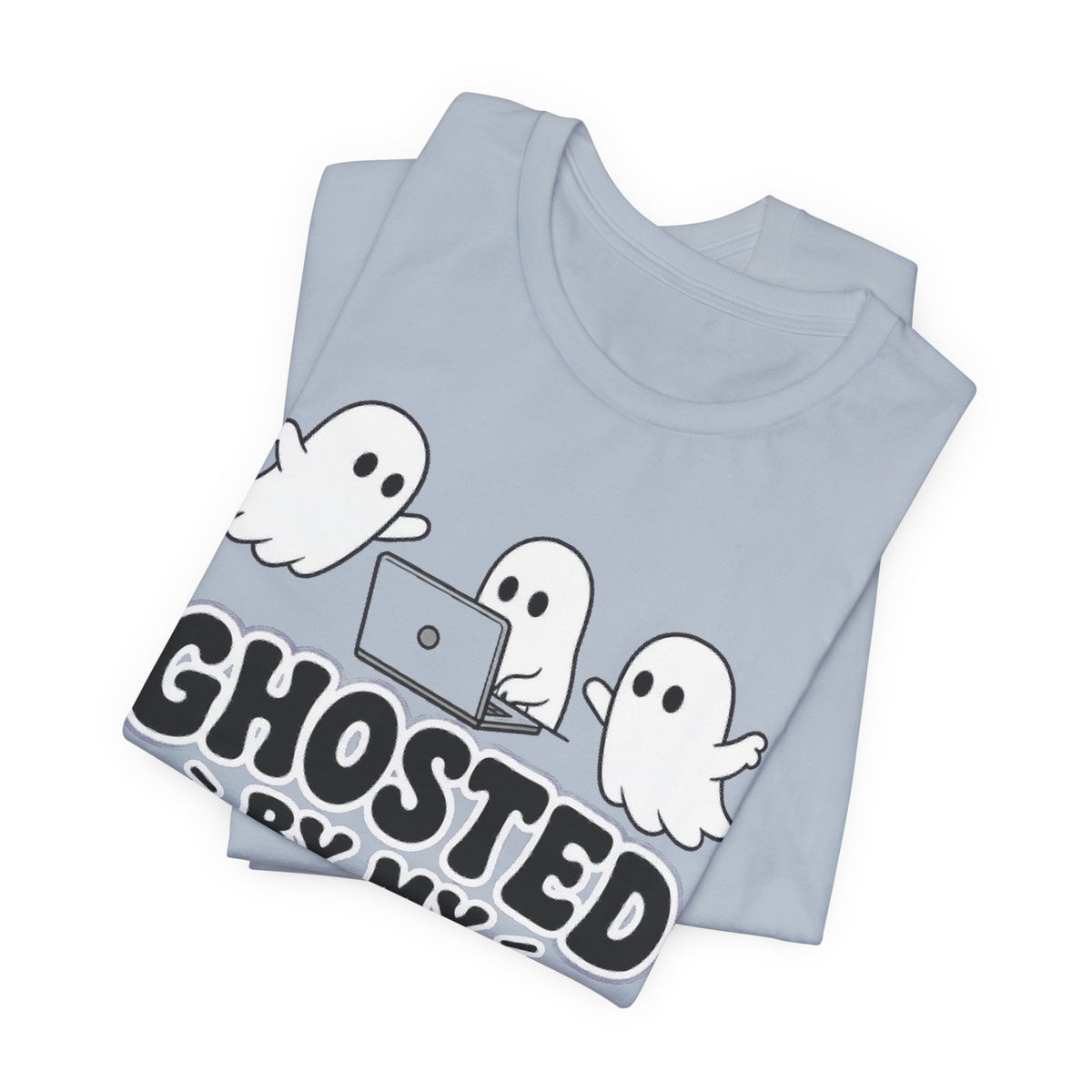 Light blue folded T-shirt with ghost characters and 'GHOSTED BY MY GROUP PROJECT' print