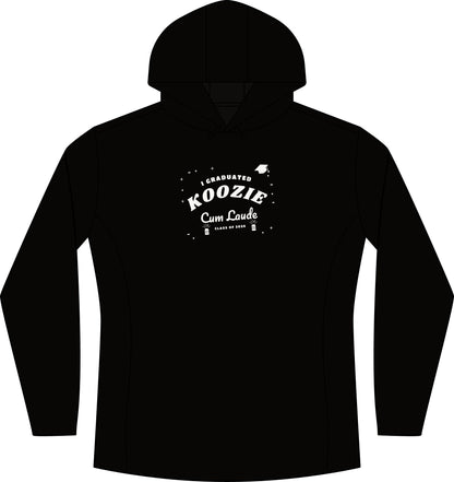 Women's black heather pullover hoodie with front 'Koozie' 'Cum Laude' graphic