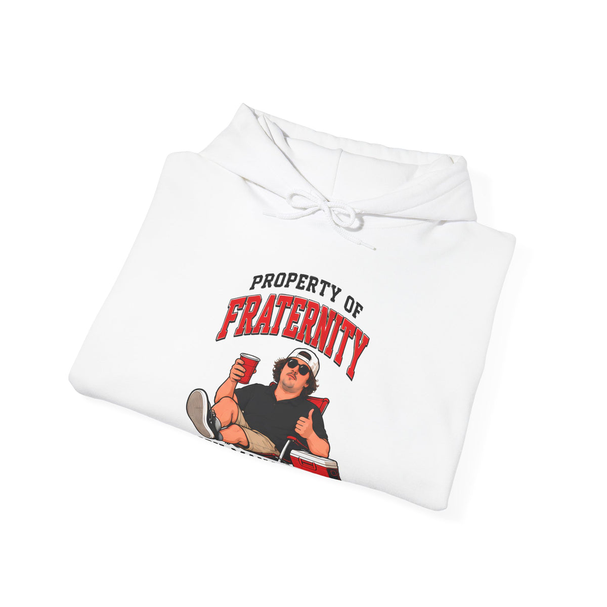 White folded hoodie with drawstring hood and fraternity risk management front graphic