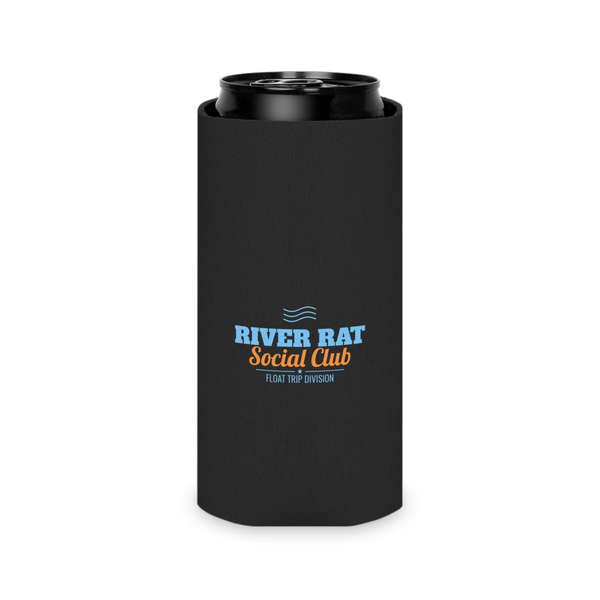 Black can koozie with River Rat Social Club multicolor logo and float trip division.