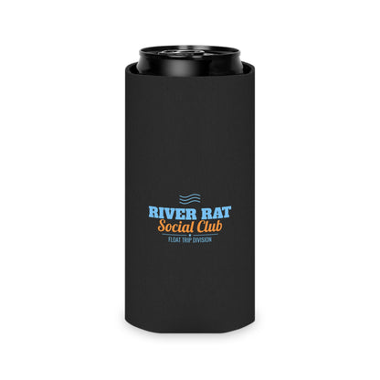 Black can koozie with River Rat Social Club multicolor logo and float trip division.