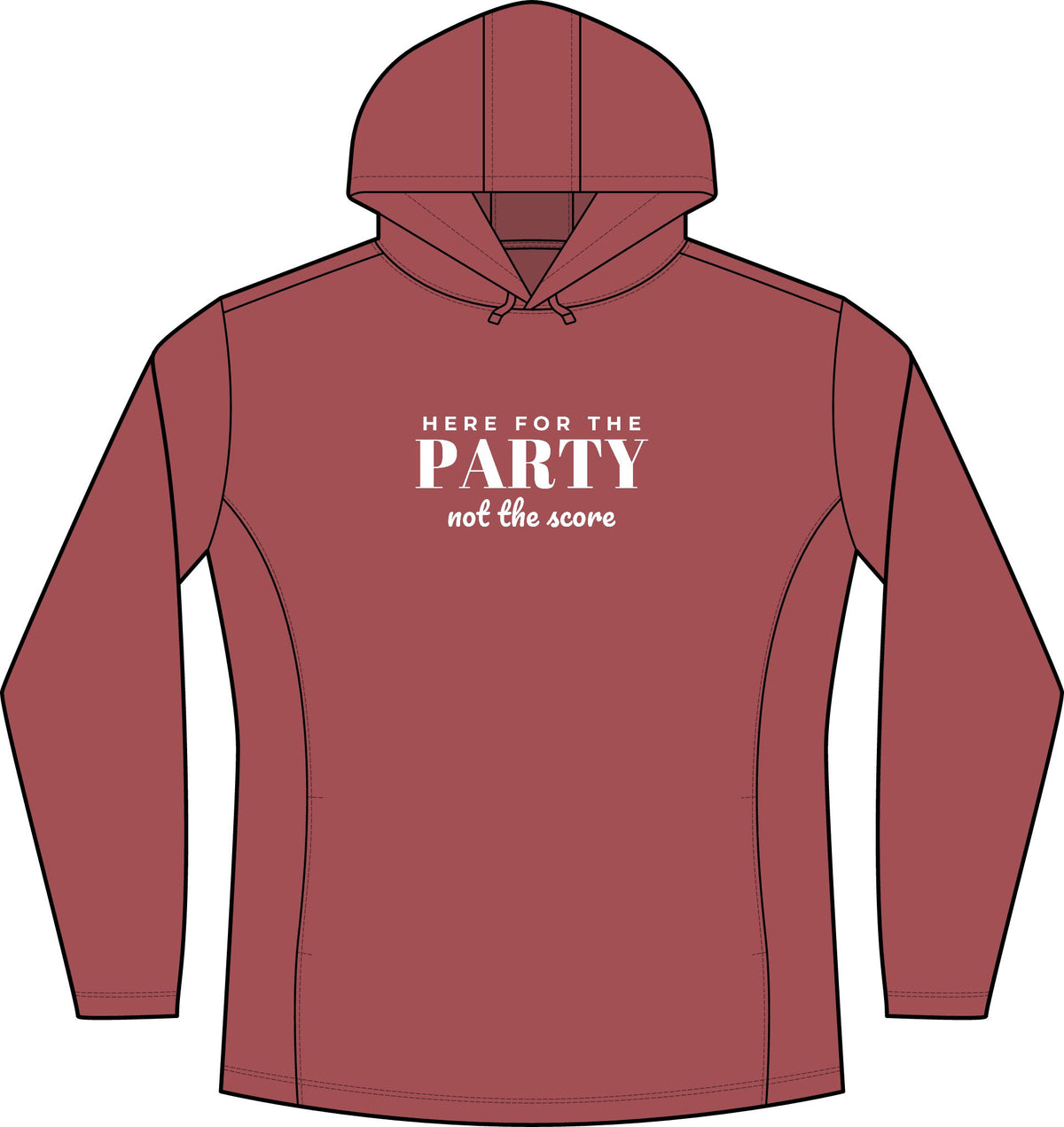 Women's deep red heather hoodie with 'PARTY' front graphic and kangaroo pocket.