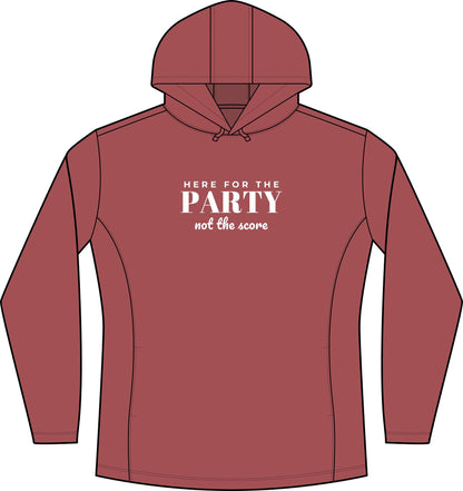 Women's deep red heather hoodie with 'PARTY' front graphic and kangaroo pocket.