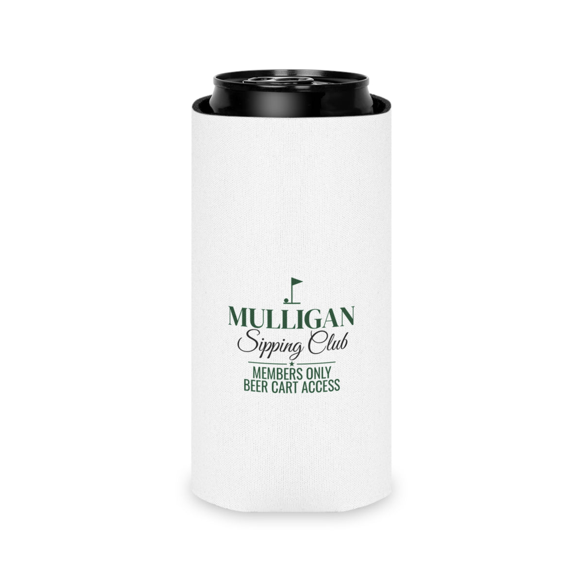 White can cooler koozie with green Mulligan Sipping Club logo and black can top