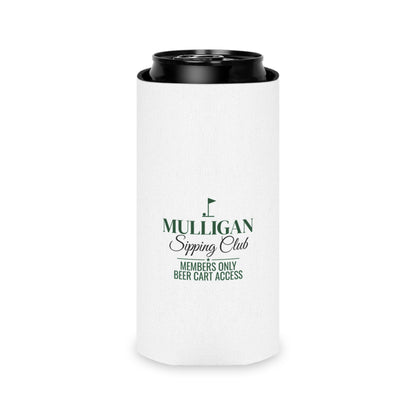 White can cooler koozie with green Mulligan Sipping Club logo and black can top