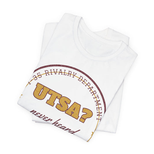 Folded white crewneck T-shirt with large UTSA? rivalry logo