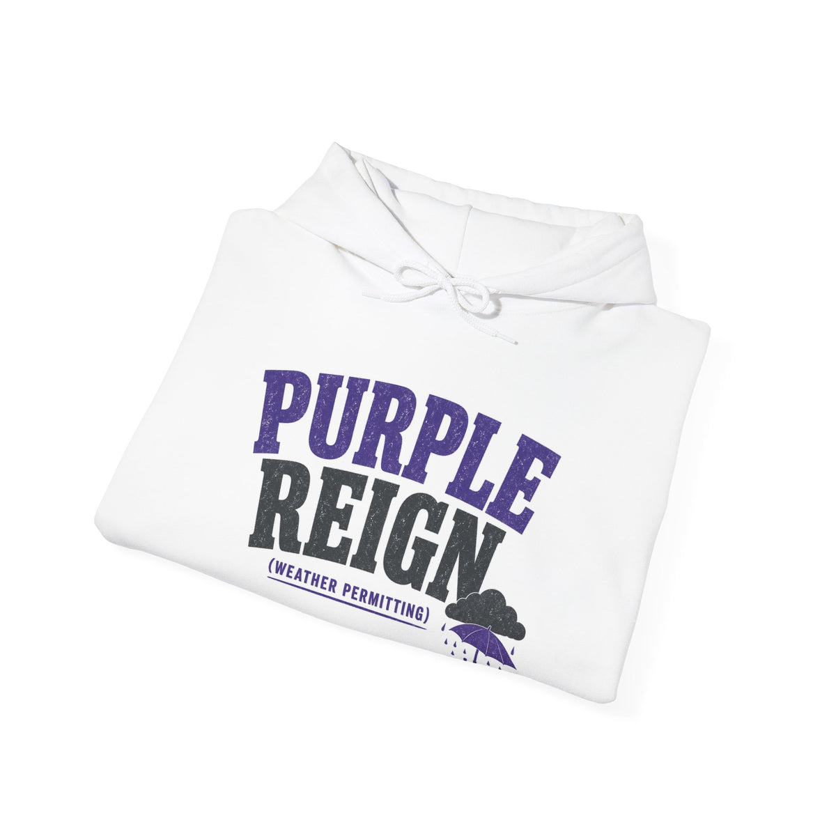 White hoodie laid flat showing 'PURPLE REIGN' front graphic and 'weather permitting' label