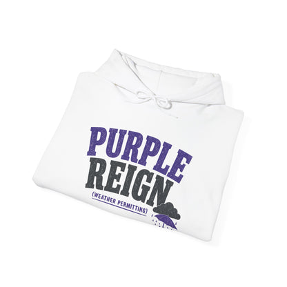 White hoodie laid flat showing 'PURPLE REIGN' front graphic and 'weather permitting' label