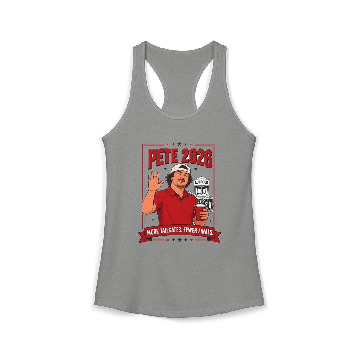 Heather gray racerback tank top with centered front "Pete 2026" graphic