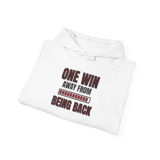 White hoodie, folded, with drawstring hood and front text graphic